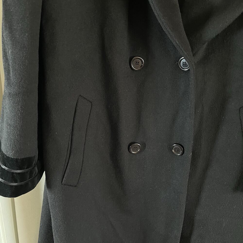 Alorna Wool Blend Double Breasted Longline Trench Coat VTG Black Velvet Collar - Picture 9 of 13